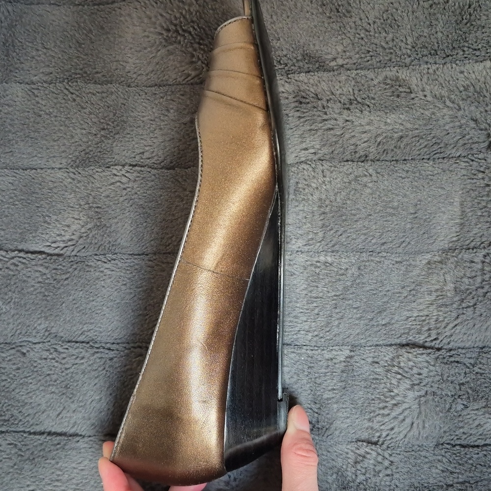 Pierre Michel Bronze Metallic Leather Peep Toe Wedges, Size 37 - Picture 15 of 15